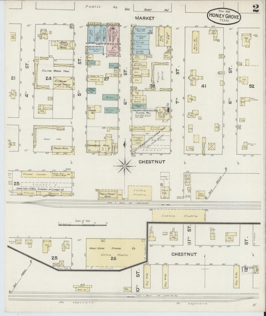 Sanborn Fire Insurance Map from Honey Grove, Fannin County, Texas (1888), Sheet #0002 - Historic Sanborn Fire Insurance Map Print, vintage old map wall art, antique decor, genealogy gift, Texas Texas map