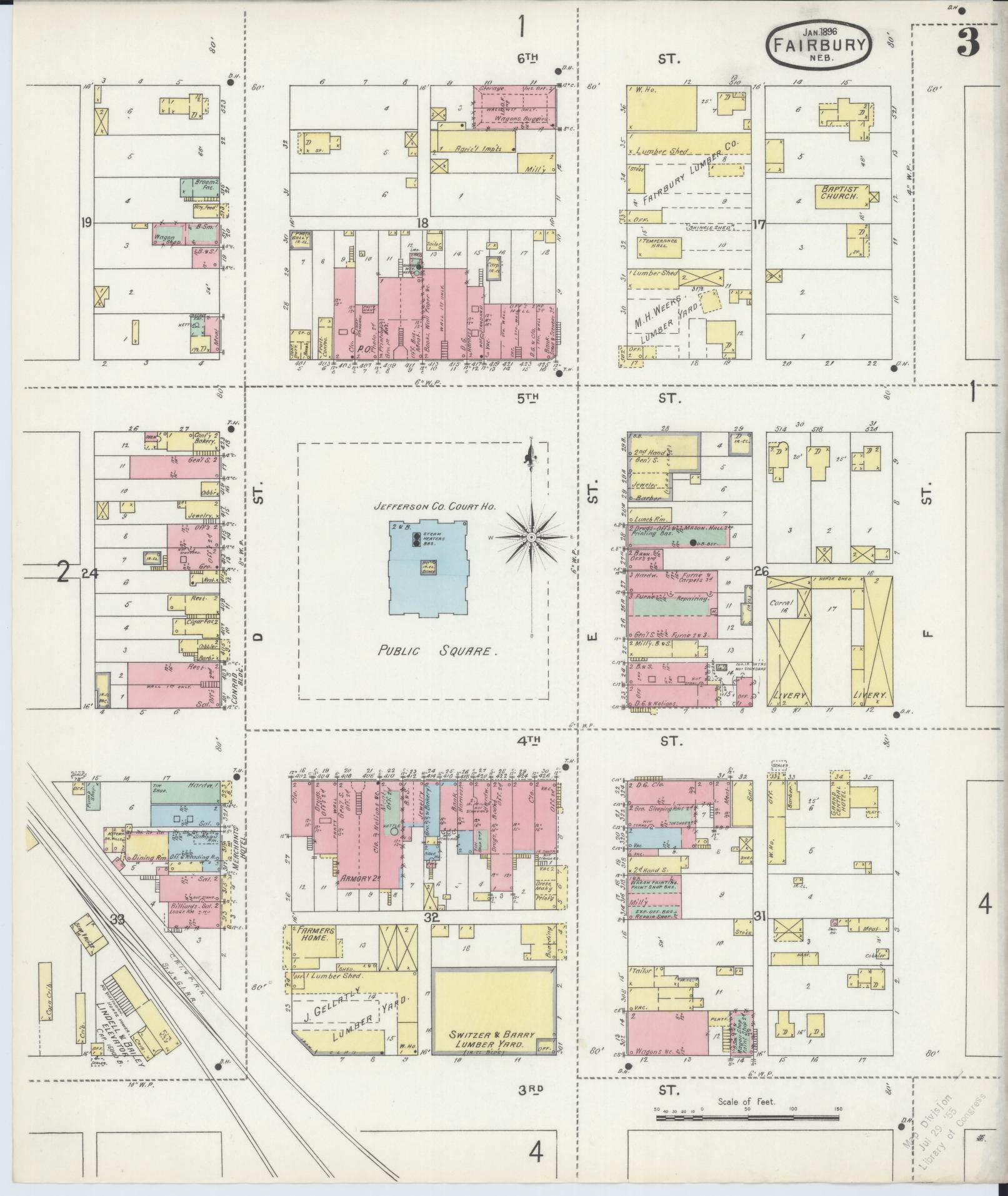 Sanborn Fire Insurance Map from Fairbury, Jefferson County, Nebraska (1896), Sheet #0003 - Complete Map Set gallery image, historic Sanborn map, vintage wall art, Nebraska Nebraska