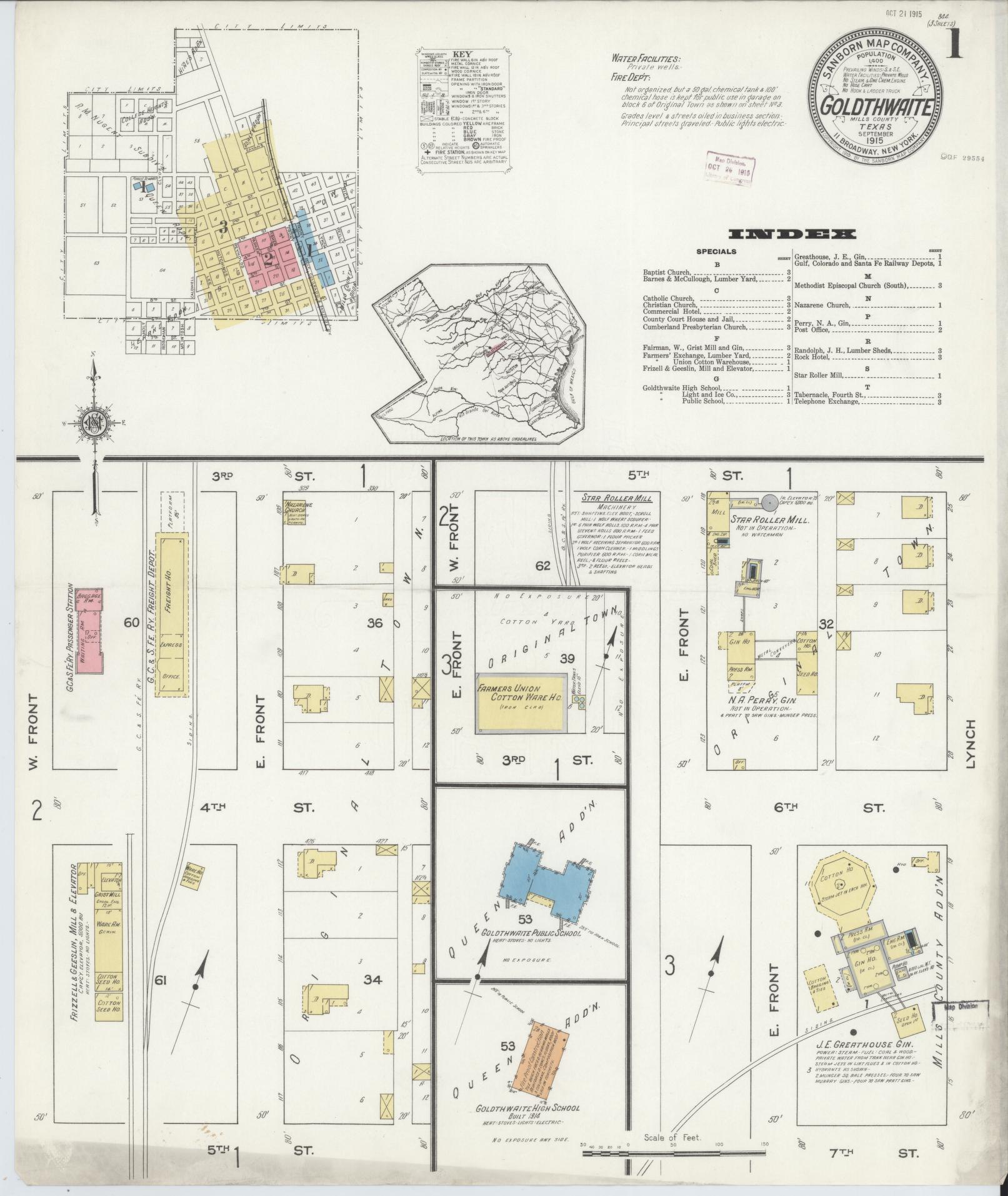 Sanborn Fire Insurance Map from Goldthwaite, Mills County, Texas. (1915) – Historic Sanborn Fire Insurance Map Print
