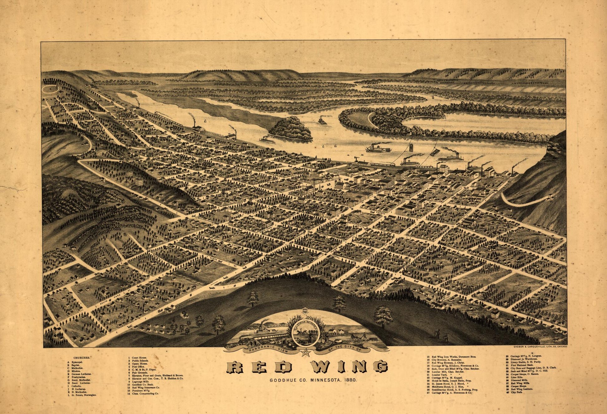 Panoramic view of the city of Red Wing, Goddhue [sic] Co., Minnesota, 1880 (1880) – Historic Bird’s-Eye View Panorama Print