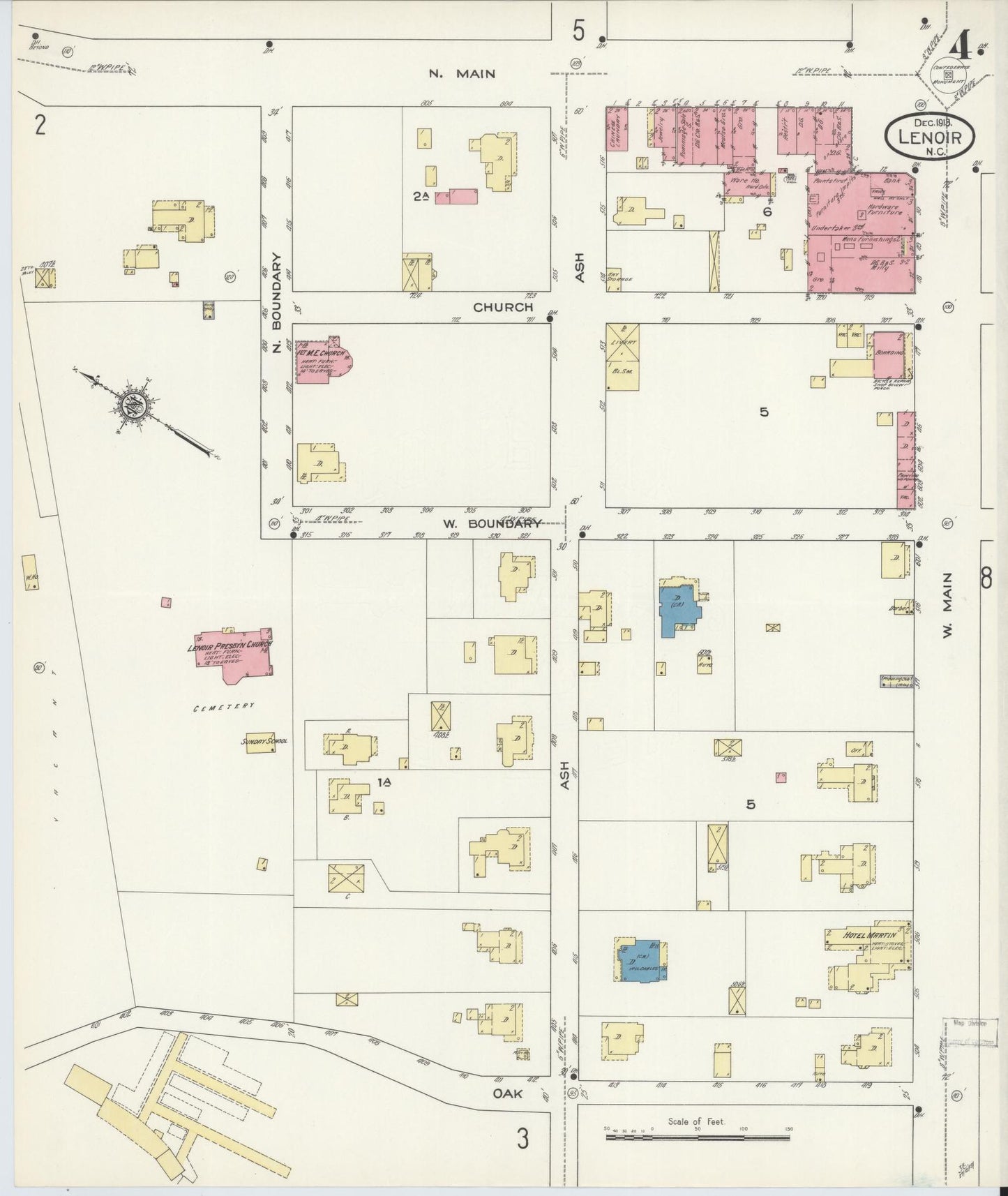 Sanborn Fire Insurance Map from Lenoir, Caldwell County, North Carolina (1913), Sheet #0004 - Complete Map Set gallery image, historic Sanborn map, vintage wall art, North Carolina North Carolina