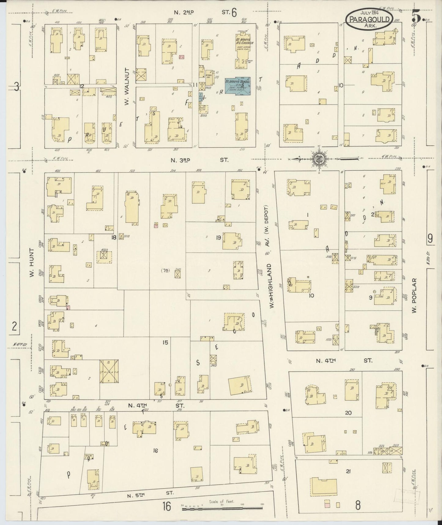 Sanborn Fire Insurance Map from Paragould, Greene County, Arkansas (1914), Sheet #0005 - Historic Sanborn Fire Insurance Map Print, vintage old map wall art, antique decor, genealogy gift, Arkansas Arkansas map