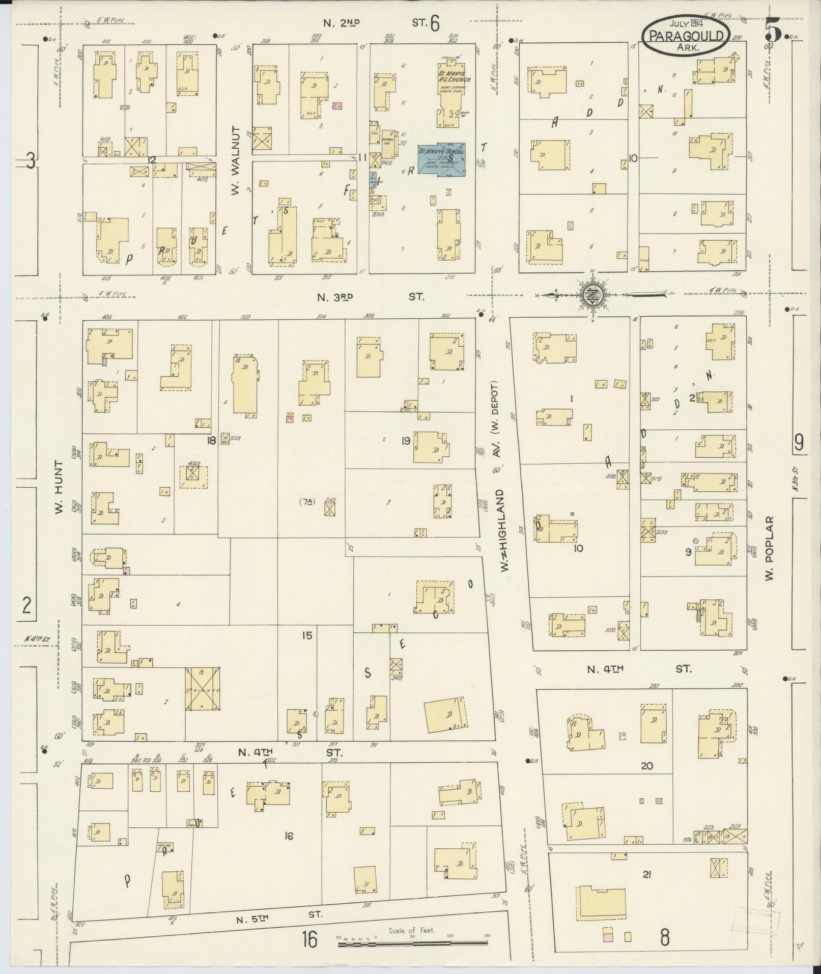 Sanborn Fire Insurance Map from Paragould, Greene County, Arkansas (1914), Sheet #0005 - Historic Sanborn Fire Insurance Map Print, vintage old map wall art, antique decor, genealogy gift, Arkansas Arkansas map