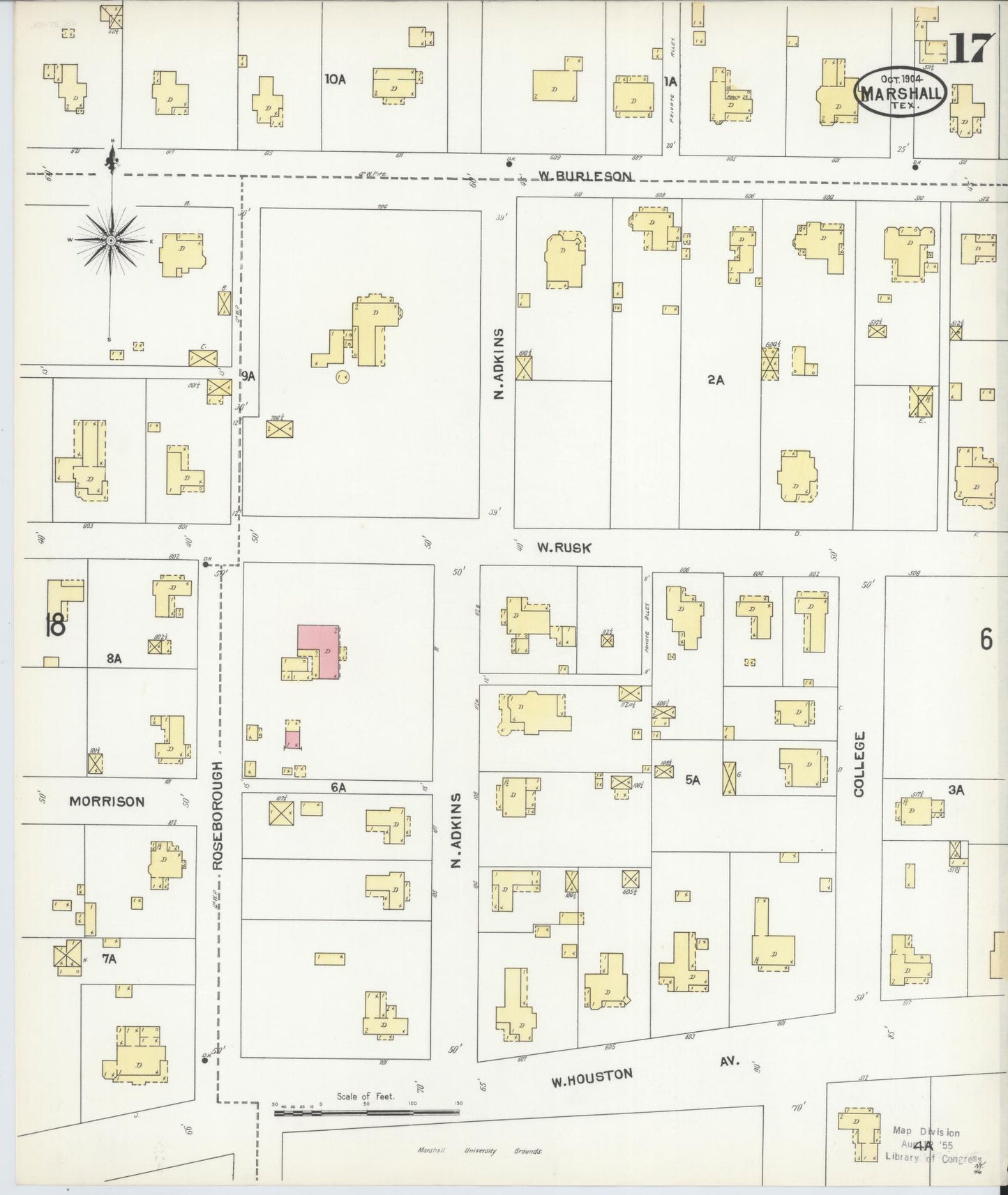 Sanborn Fire Insurance Map from Marshall, Harrison County, Texas (1904), Sheet #0017 - Complete Map Set gallery image, historic Sanborn map, vintage wall art, Texas Texas