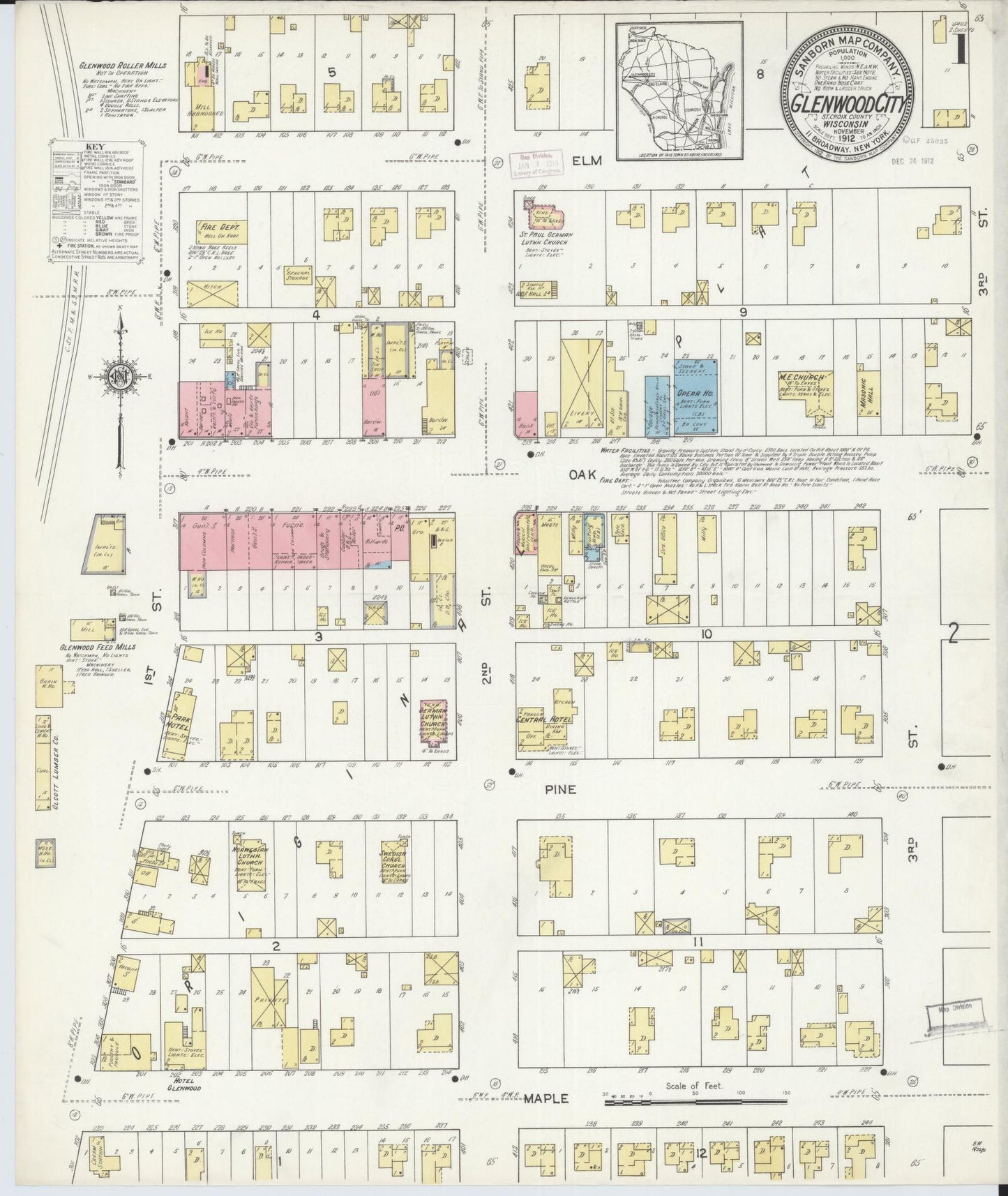 Sanborn Fire Insurance Map from Glenwood City, St. Croix County, Wisconsin (1912), Sheet #0001 - Complete Map Set gallery image, historic Sanborn map, vintage wall art, Wisconsin Wisconsin