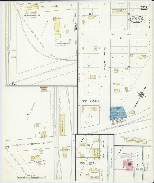 Sanborn Fire Insurance Map from Saint Cloud, Stearns, Benton, and Sherburne Counties, Minnesota (1913), Sheet #0022 - Historic Sanborn Fire Insurance Map Print, vintage old map wall art, antique decor, genealogy gift, Minnesota Minnesota map