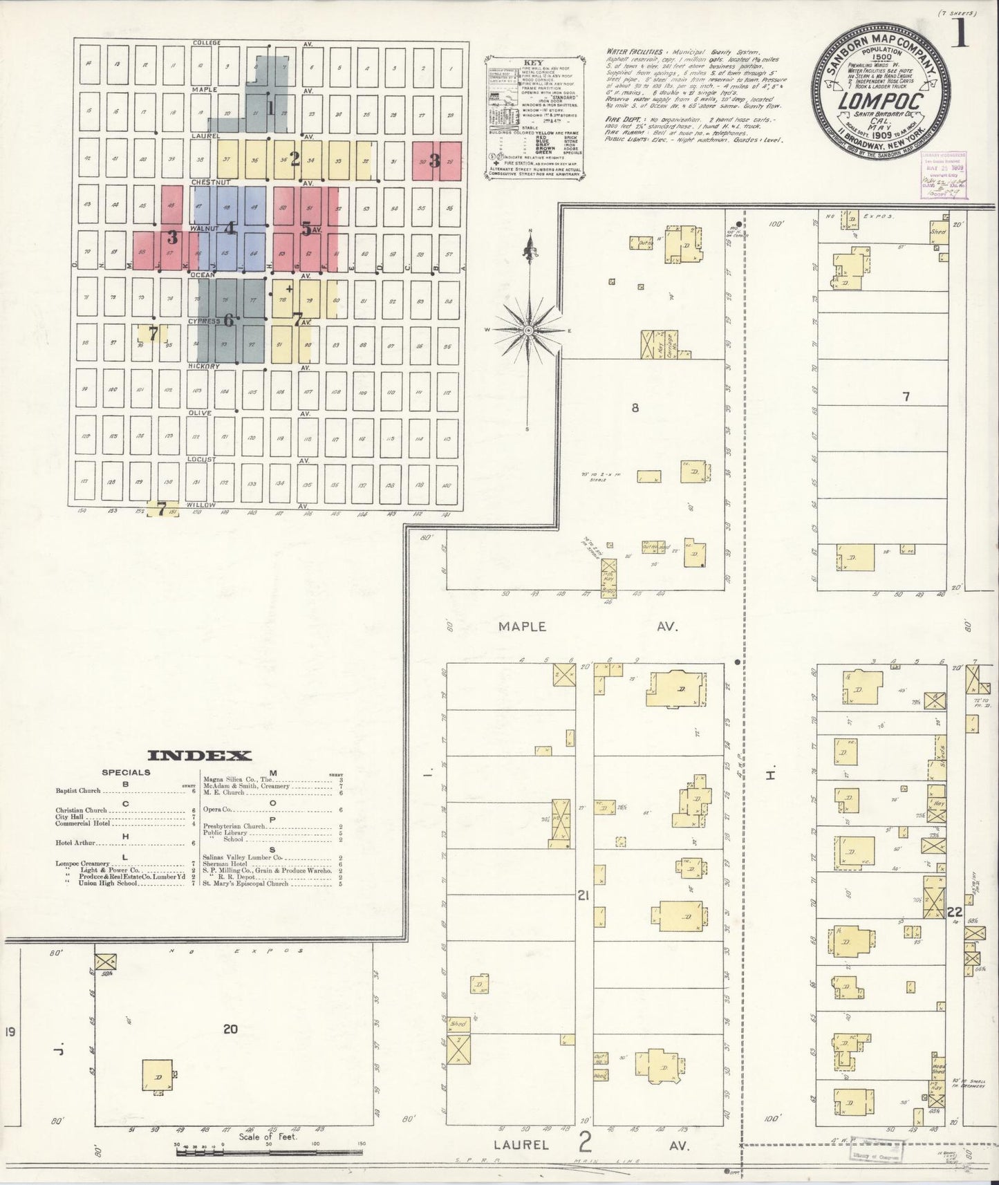 Sanborn Fire Insurance Map from Lompoc, Santa Barbara County, California (1909), Sheet #0001 - Historic Sanborn Fire Insurance Map Print, vintage old map wall art, antique decor, genealogy gift, California California map