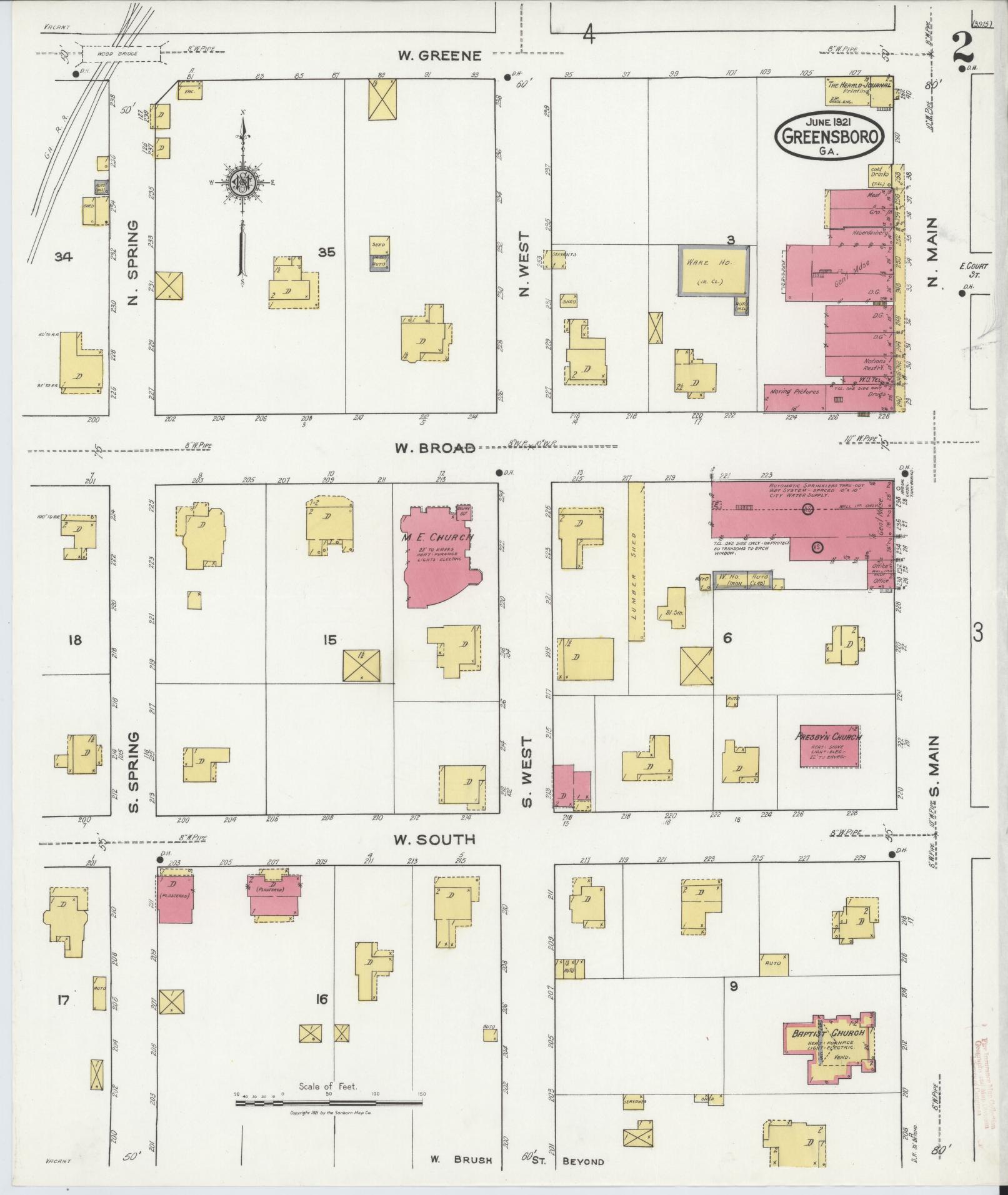 Sanborn Fire Insurance Map from Greensboro, Greene County, Georgia (1921), Sheet #0002 - Complete Map Set gallery image, historic Sanborn map, vintage wall art, Georgia Georgia