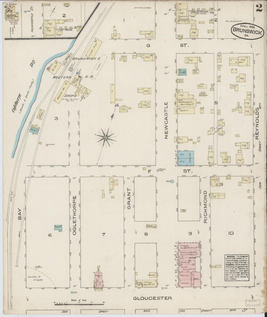 Sanborn Fire Insurance Map from Brunswick, Glynn County, Georgia (1885), Sheet #0002 - Historic Sanborn Fire Insurance Map Print, vintage old map wall art, antique decor, genealogy gift, Georgia Georgia map