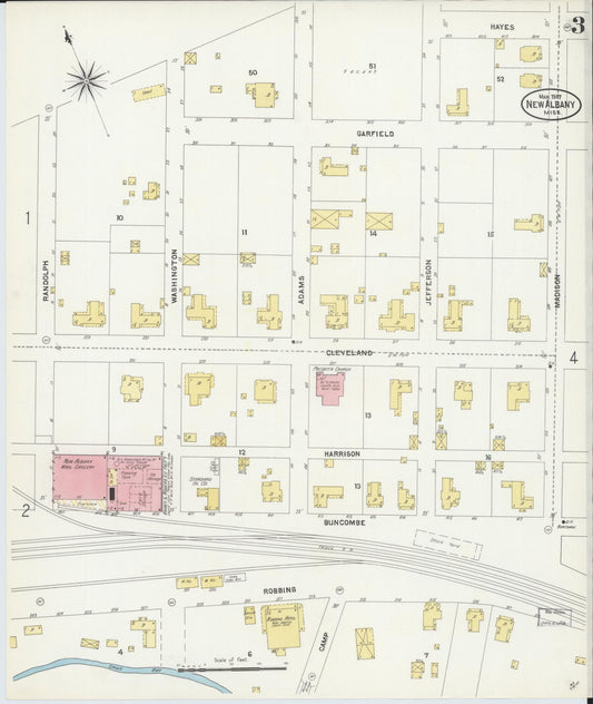 Sanborn Fire Insurance Map from New Albany, Union County, Mississippi (1907), Sheet #0003 - Historic Sanborn Fire Insurance Map Print, vintage old map wall art, antique decor, genealogy gift, Mississippi Mississippi map