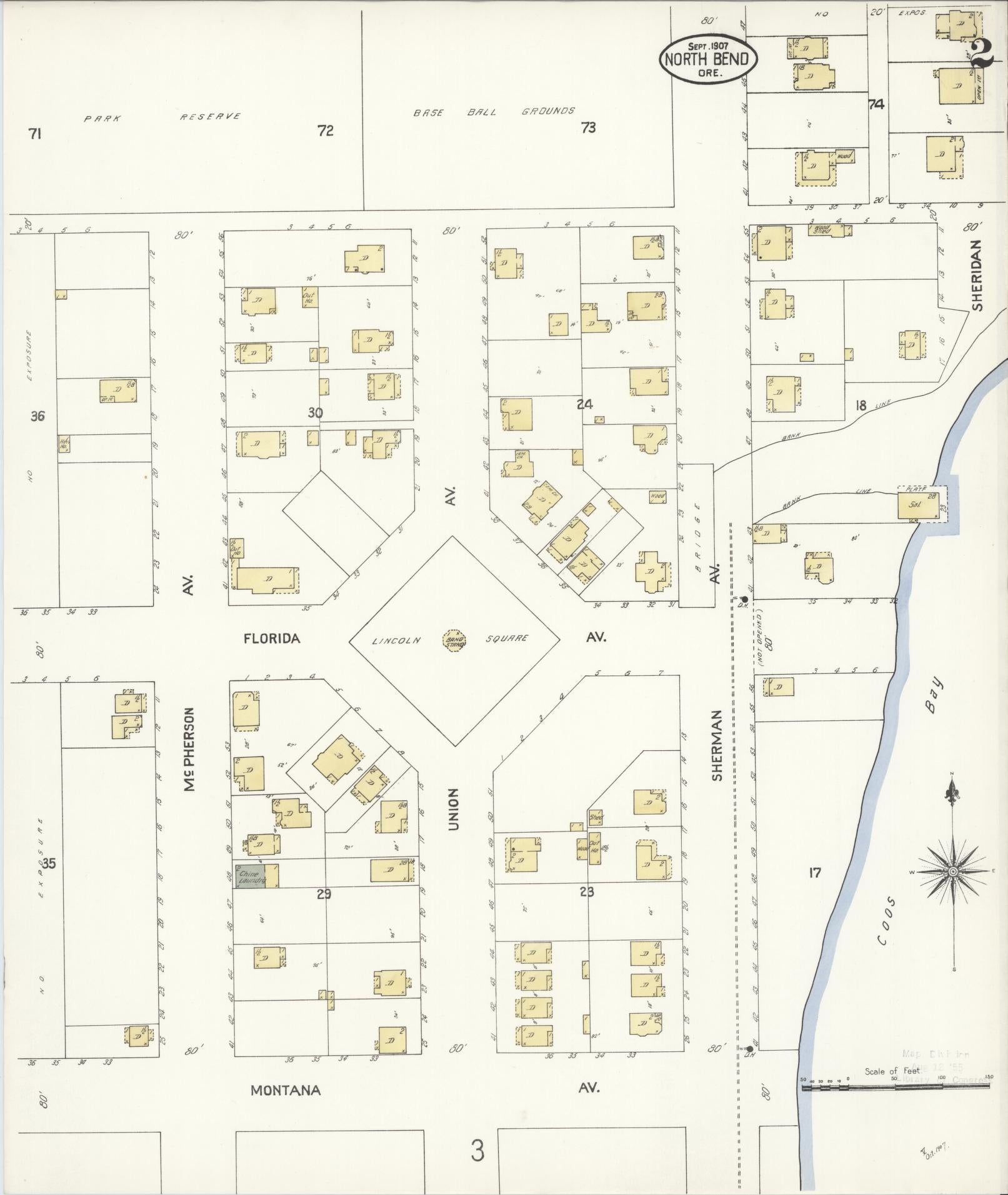 Sanborn Fire Insurance Map from North Bend, Coos County, Oregon (1907), Sheet #0002 - Complete Map Set gallery image, historic Sanborn map, vintage wall art, Oregon Oregon
