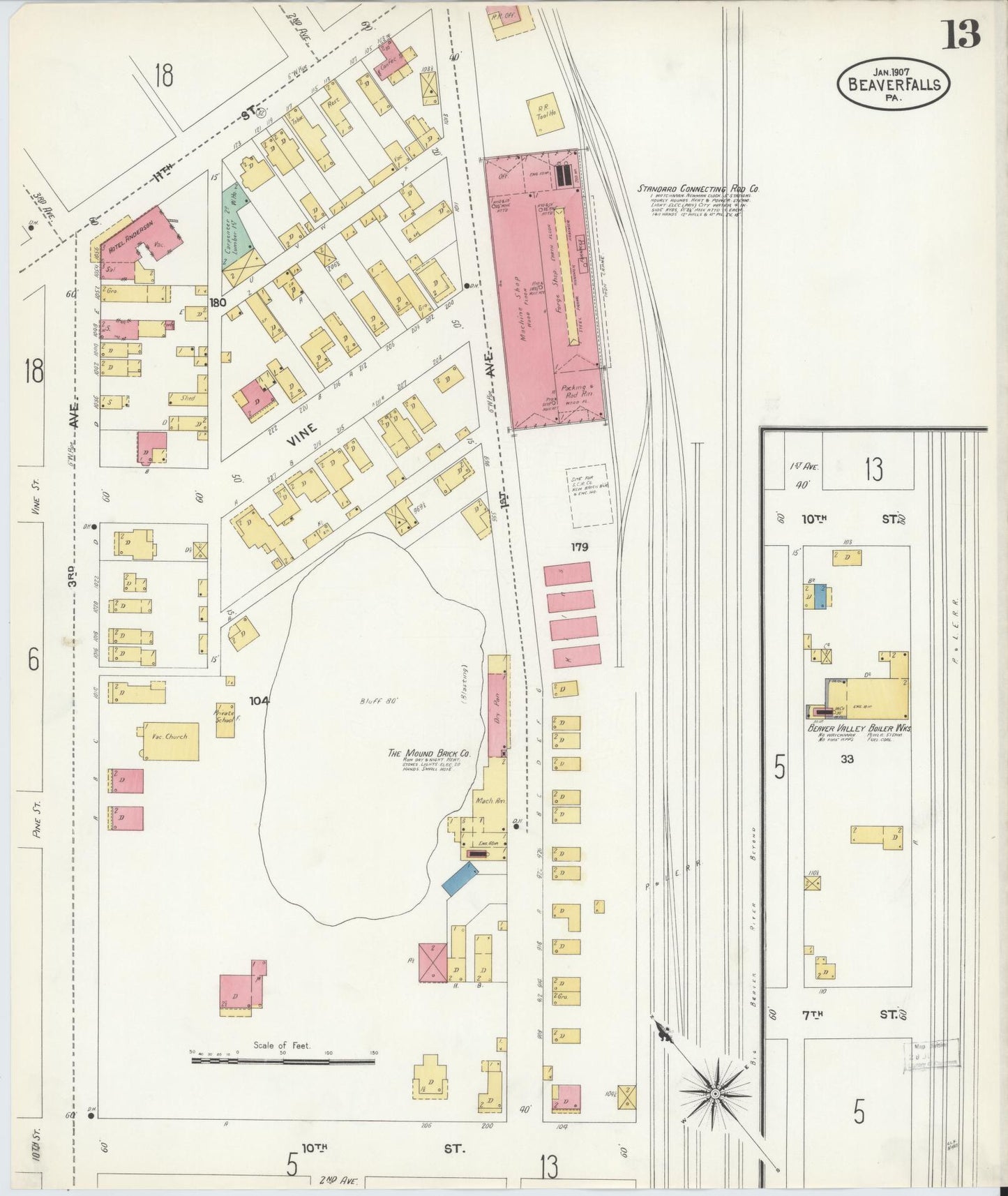 Sanborn Fire Insurance Map from Beaver Falls, Beaver County, Pennsylvania (1907), Sheet #0013 - Historic Sanborn Fire Insurance Map Print, vintage old map wall art, antique decor, genealogy gift, Pennsylvania Pennsylvania map
