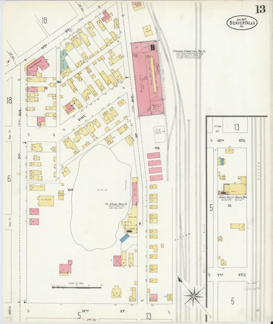 Sanborn Fire Insurance Map from Beaver Falls, Beaver County, Pennsylvania (1907), Sheet #0013 - Historic Sanborn Fire Insurance Map Print, vintage old map wall art, antique decor, genealogy gift, Pennsylvania Pennsylvania map