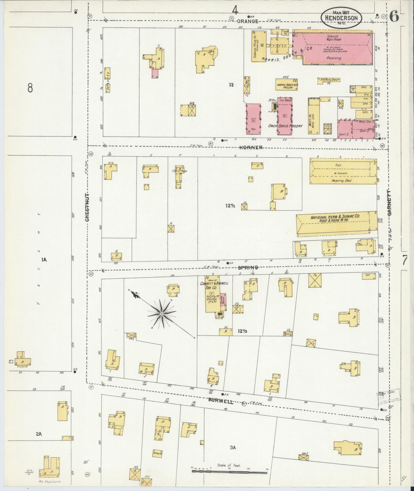 Sanborn Fire Insurance Map from Henderson, Vance County, North Carolina (1907), Sheet #0006 - Complete Map Set gallery image, historic Sanborn map, vintage wall art, North Carolina North Carolina