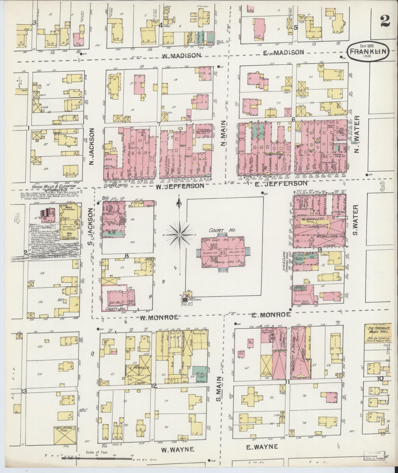 Sanborn Fire Insurance Map from Franklin, Johnson County, Indiana (1892), Sheet #0002 - Complete Map Set gallery image, historic Sanborn map, vintage wall art, Indiana Indiana