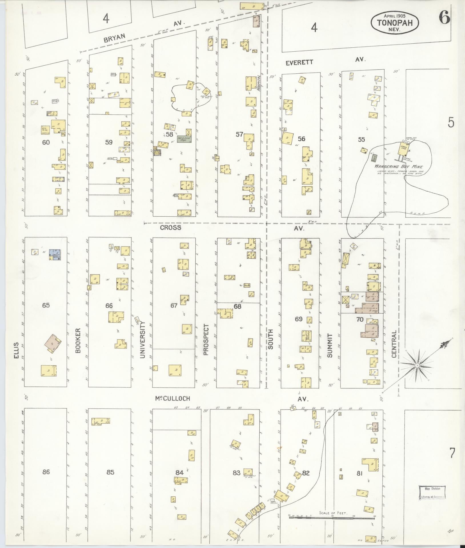 Sanborn Fire Insurance Map from Tonopah, Nye County, Nevada (1905), Sheet #0006 - Complete Map Set gallery image, historic Sanborn map, vintage wall art, Nevada Nevada