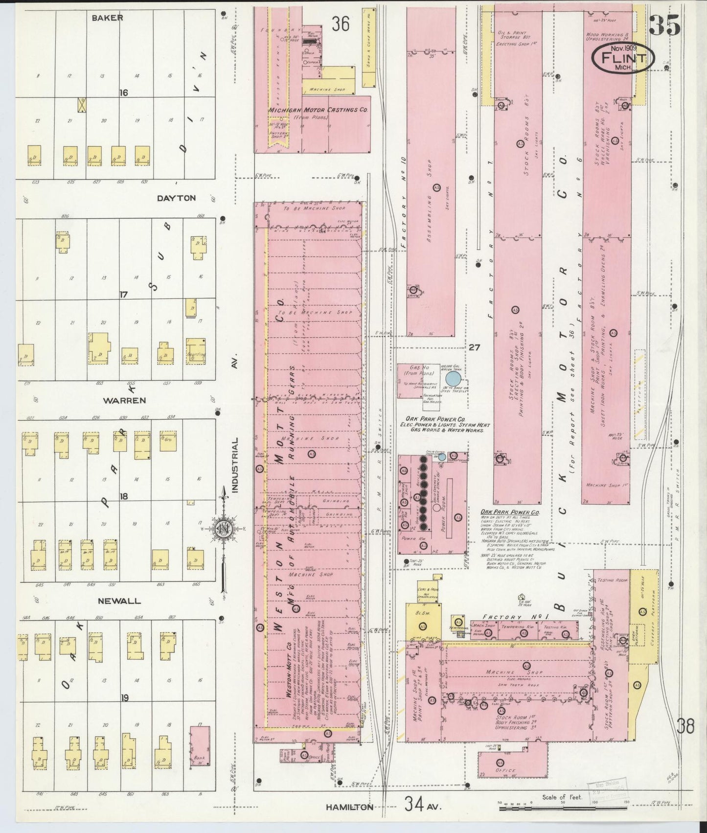 Sanborn Fire Insurance Map from Flint, Genesee County, Michigan (1909), Sheet #0035 - Historic Sanborn Fire Insurance Map Print, vintage old map wall art, antique decor, genealogy gift, Michigan Michigan map
