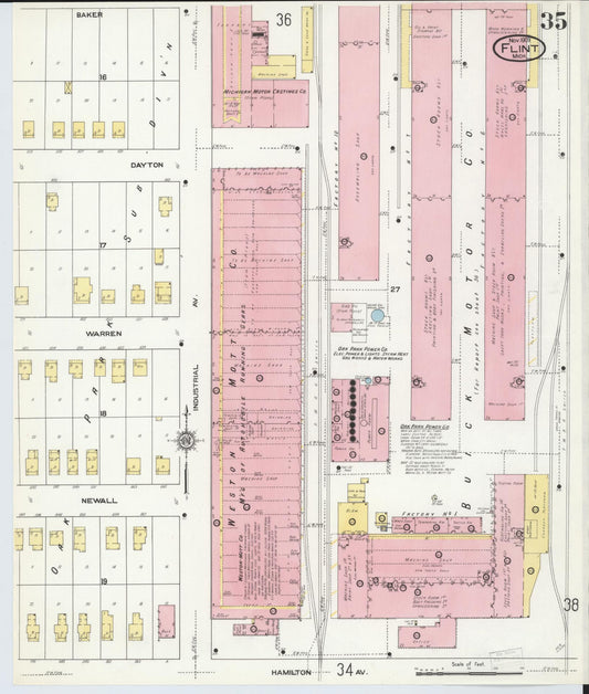 Sanborn Fire Insurance Map from Flint, Genesee County, Michigan (1909), Sheet #0035 - Historic Sanborn Fire Insurance Map Print, vintage old map wall art, antique decor, genealogy gift, Michigan Michigan map