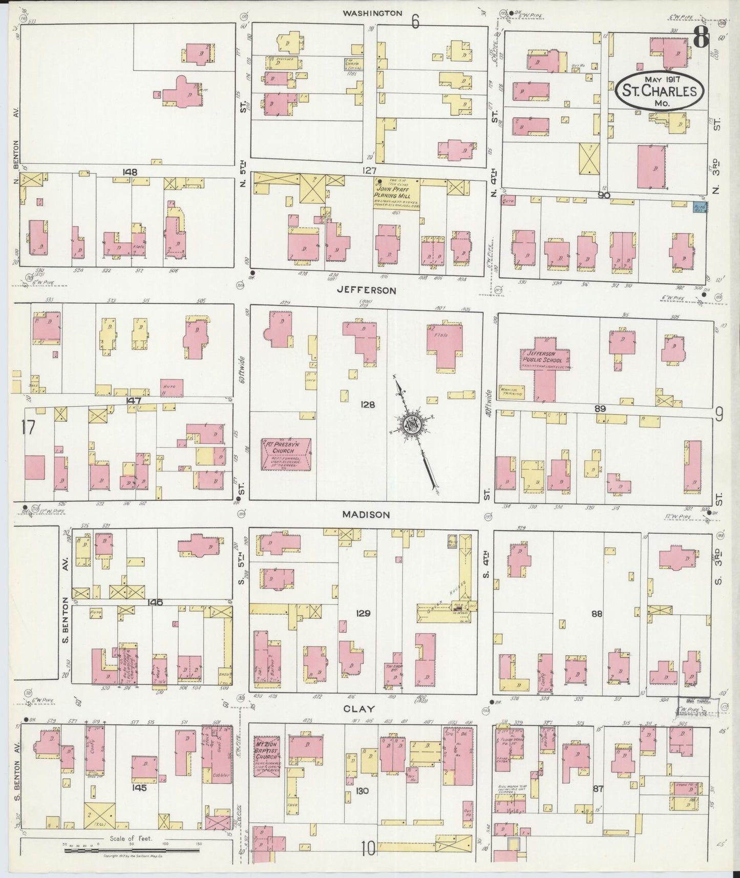 Sanborn Fire Insurance Map from Saint Charles, Saint Charles County, Missouri (1917), Sheet #0008 - Historic Sanborn Fire Insurance Map Print, vintage old map wall art, antique decor, genealogy gift, Missouri Missouri map