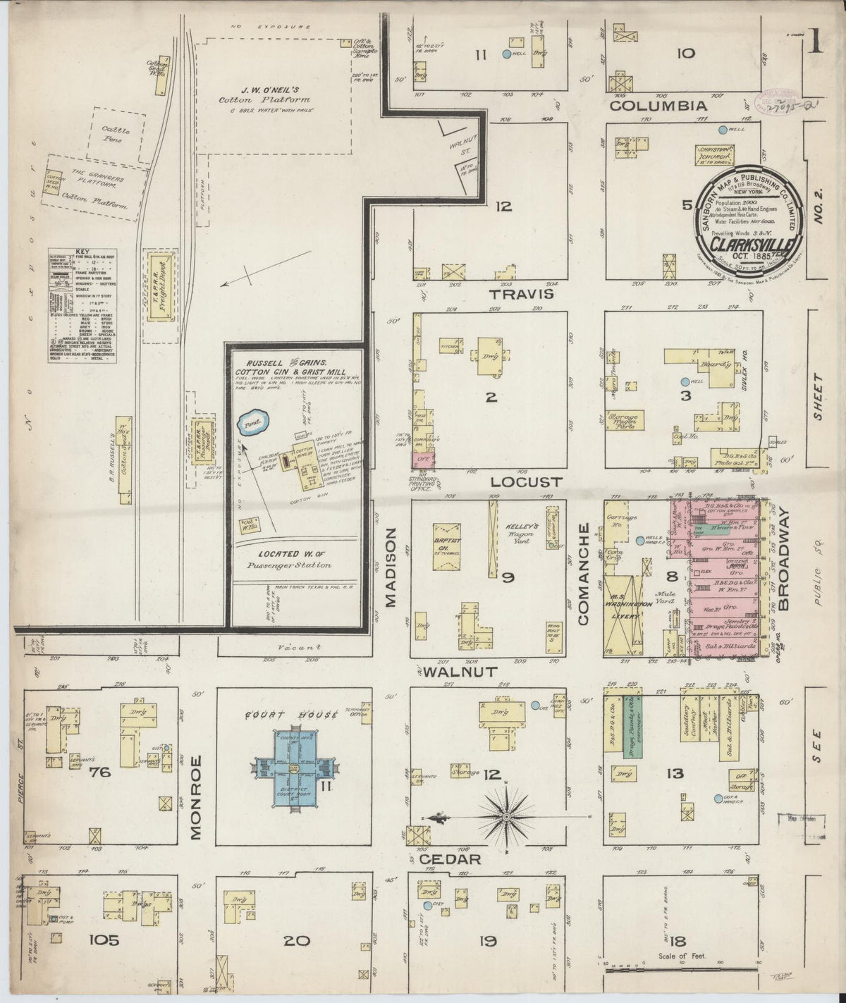 Sanborn Fire Insurance Map from Clarksville, Red River County, Texas (1885), Sheet #0001 - Complete Map Set gallery image, historic Sanborn map, vintage wall art, Texas Texas