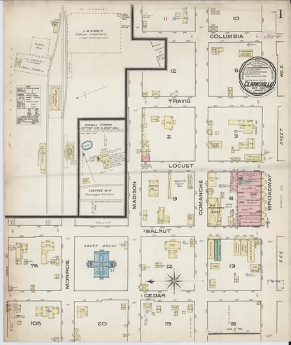 Sanborn Fire Insurance Map from Clarksville, Red River County, Texas (1885), Sheet #0001 - Complete Map Set gallery image, historic Sanborn map, vintage wall art, Texas Texas