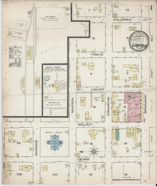 Sanborn Fire Insurance Map from Clarksville, Red River County, Texas (1885), Sheet #0001 - Complete Map Set gallery image, historic Sanborn map, vintage wall art, Texas Texas