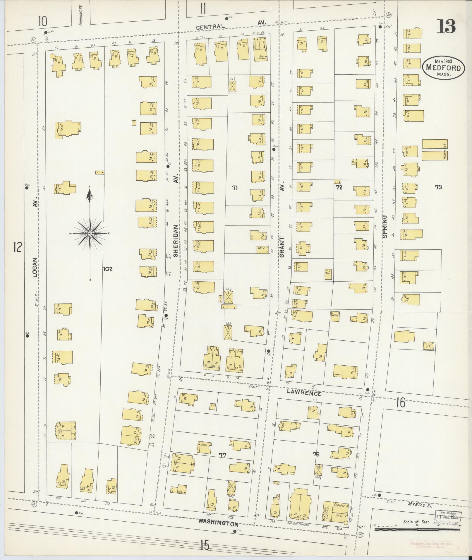 Sanborn Fire Insurance Map from Medford, Middlesex County, Massachusetts (1903), Sheet #0013 - Historic Sanborn Fire Insurance Map Print, vintage old map wall art, antique decor, genealogy gift, Massachusetts Massachusetts map