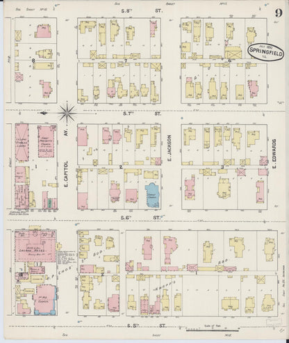 Sanborn Fire Insurance Map from Springfield, Sangamon County, Illinois (1890), Sheet #0009 - Complete Map Set gallery image, historic Sanborn map, vintage wall art, Illinois Illinois