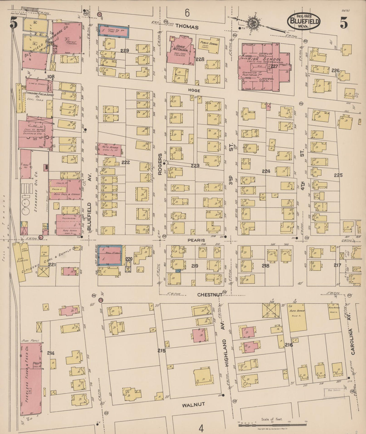 Sanborn Fire Insurance Map from Bluefield, Mercer County, West Virginia (1922), Sheet #0005 - Historic Sanborn Fire Insurance Map Print, vintage old map wall art, antique decor, genealogy gift, West Virginia West Virginia map