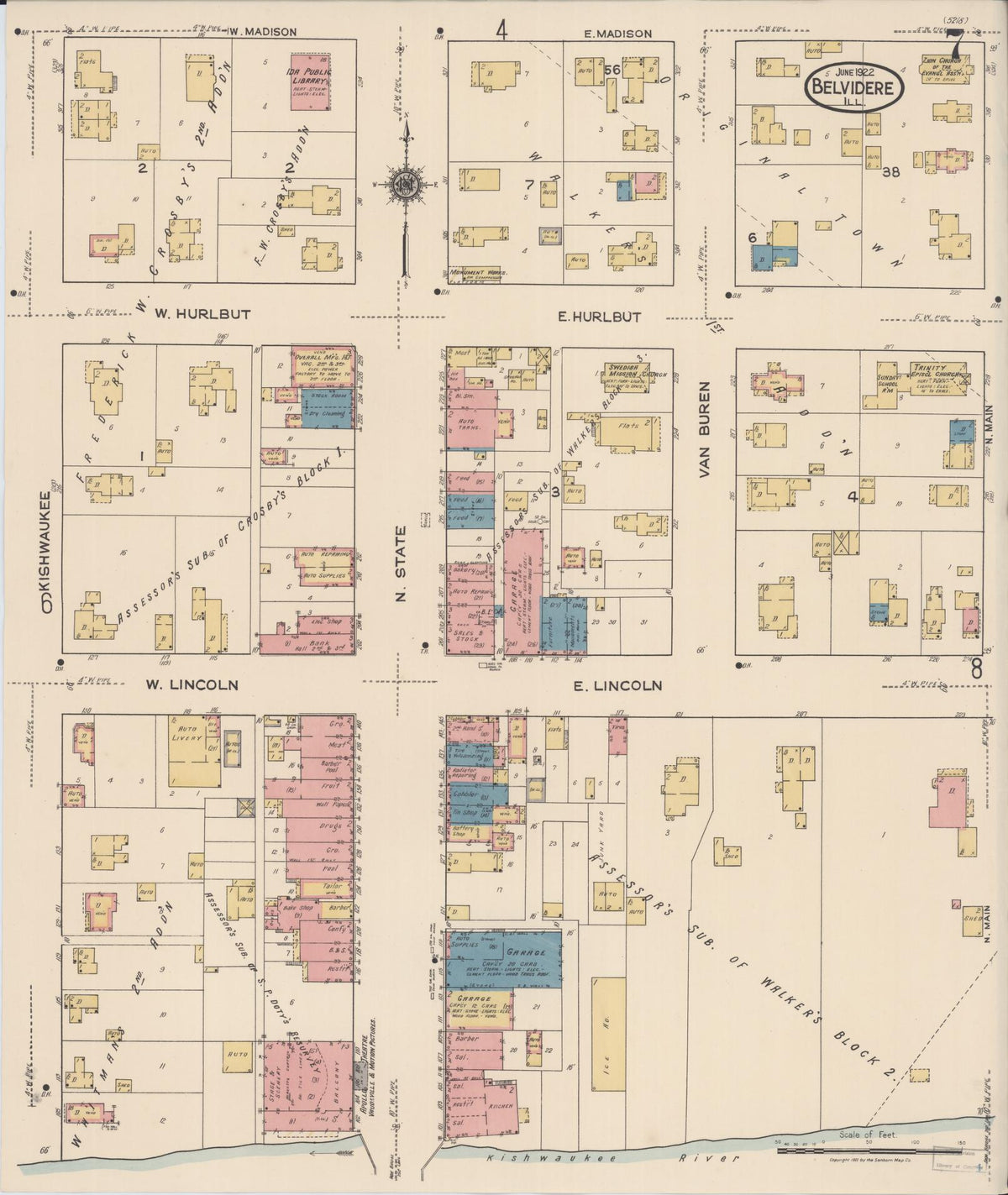 Sanborn Fire Insurance Map from Belvidere, Boone County, Illinois (1922), Sheet #0007 - Complete Map Set gallery image, historic Sanborn map, vintage wall art, Illinois Illinois