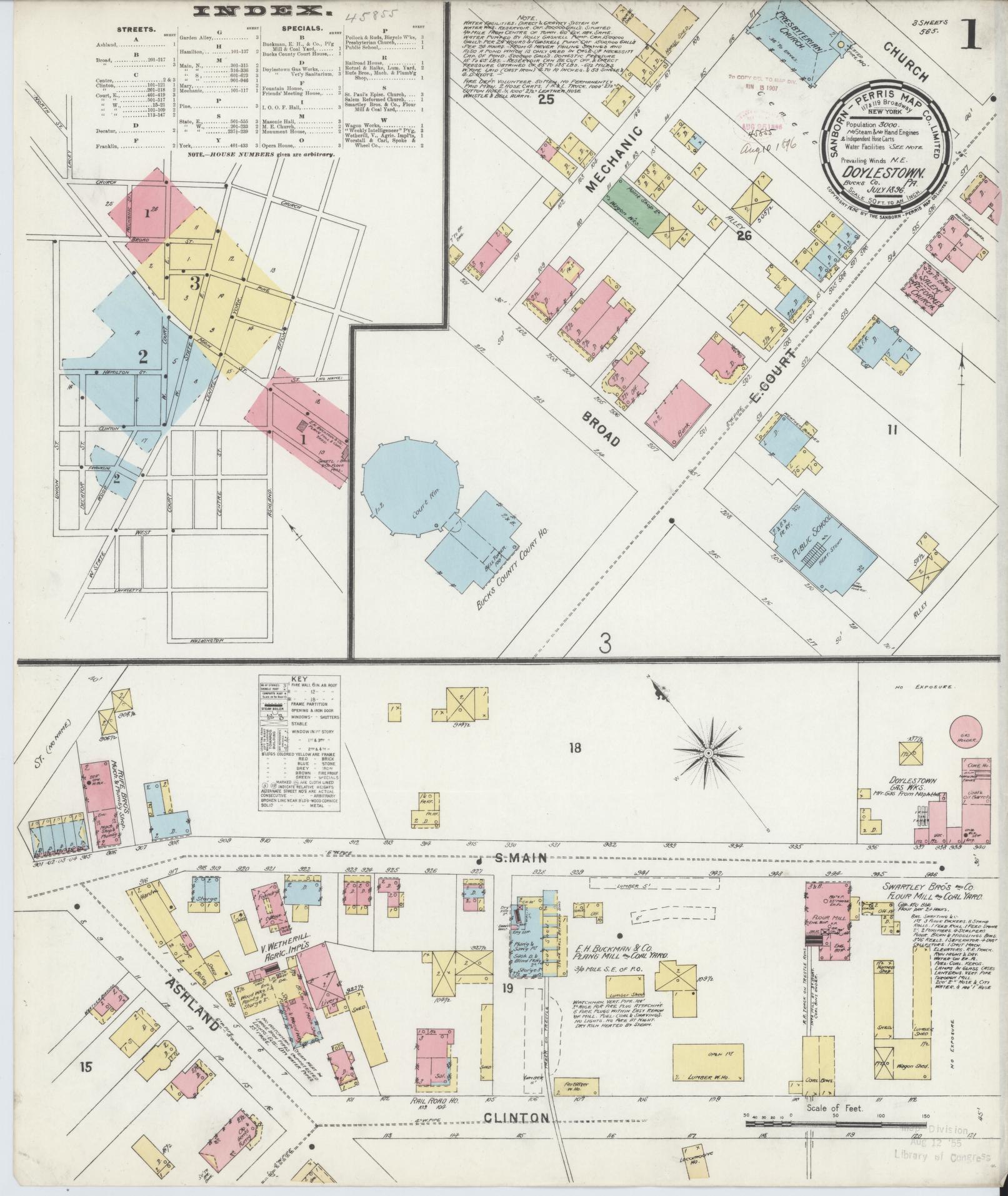 Sanborn Fire Insurance Map from Doylestown, Bucks County, Pennsylvania (1896), Sheet #0001 - Historic Sanborn Fire Insurance Map Print, vintage old map wall art, antique decor, genealogy gift, Pennsylvania Pennsylvania map