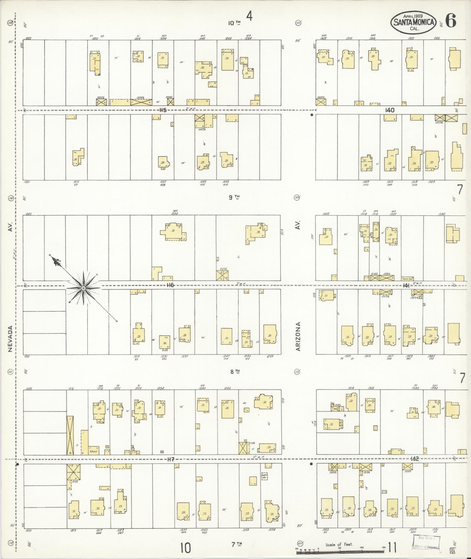 Sanborn Fire Insurance Map from Santa Monica, Los Angeles County, California (1909), Sheet #0006 - Complete Map Set gallery image, historic Sanborn map, vintage wall art, California California