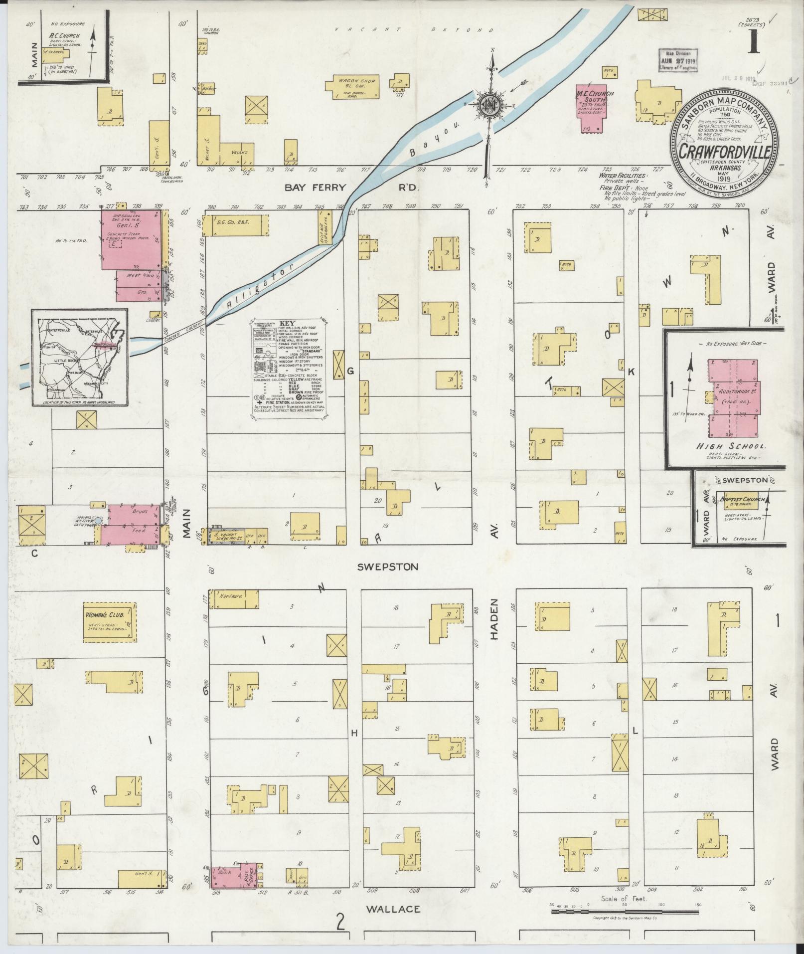 Sanborn Fire Insurance Map from Crawfordsville, Crittenden County, Arkansas (1919), Sheet #0001 - Historic Sanborn Fire Insurance Map Print, vintage old map wall art, antique decor, genealogy gift, Arkansas Arkansas map