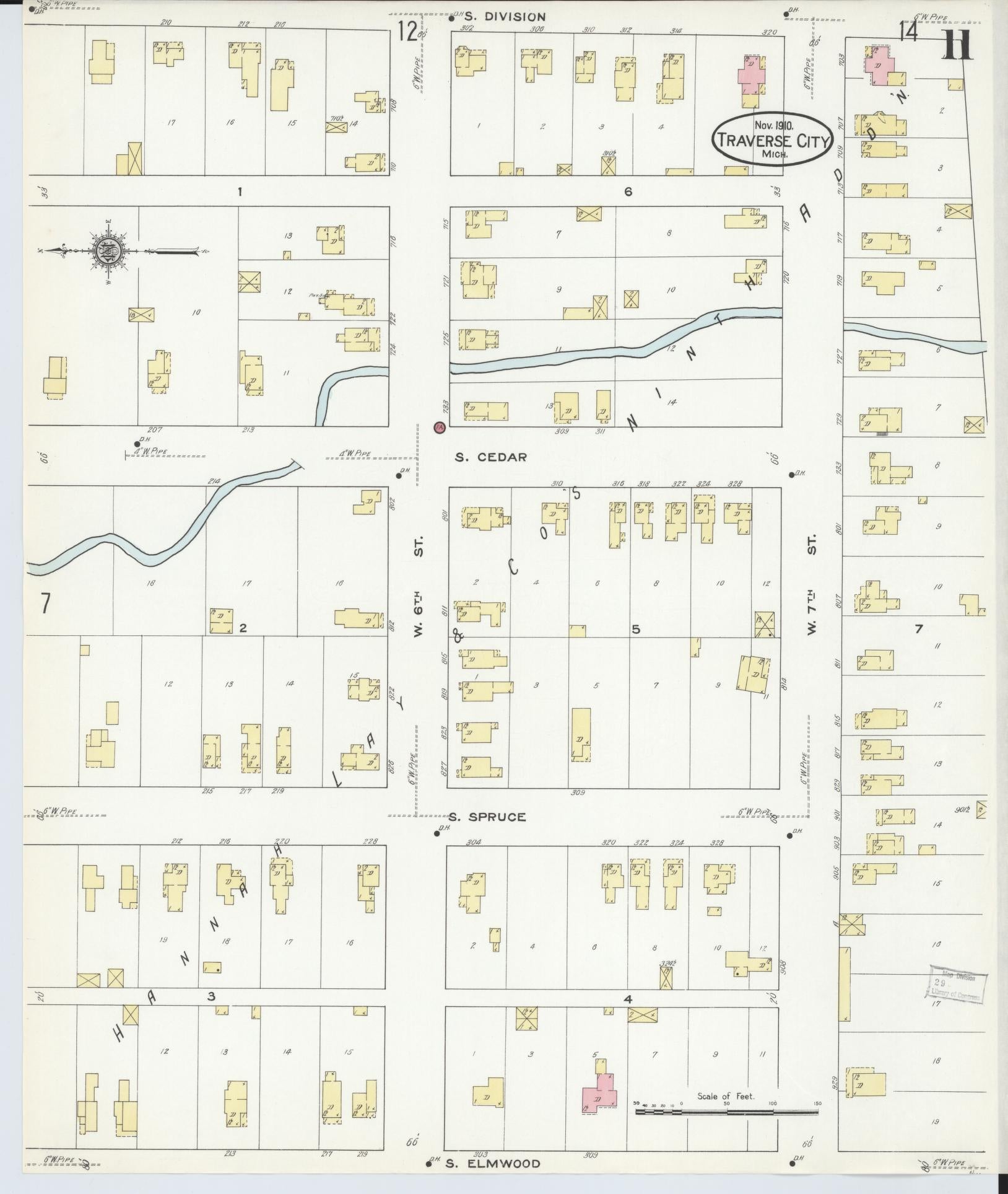 Sanborn Fire Insurance Map from Traverse City, Grand Traverse County, Michigan (1910), Sheet #0011 - Historic Sanborn Fire Insurance Map Print, vintage old map wall art, antique decor, genealogy gift, Michigan Michigan map