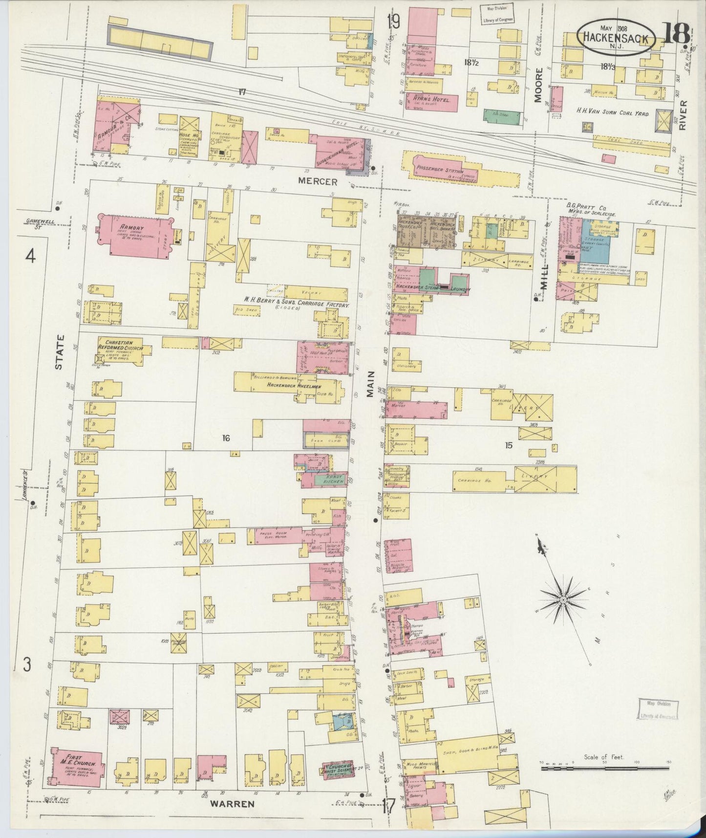 Sanborn Fire Insurance Map from Hackensack, Bergen County, New Jersey (1908), Sheet #0018 - Complete Map Set gallery image, historic Sanborn map, vintage wall art, New Jersey New Jersey
