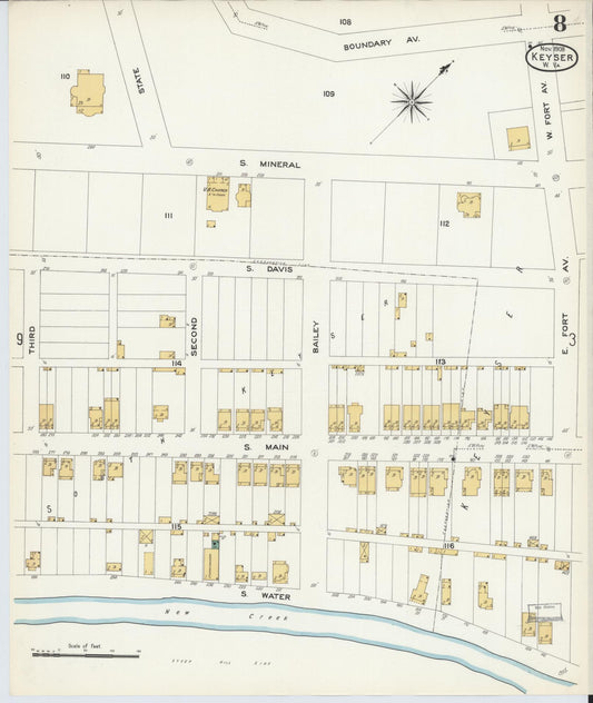 Sanborn Fire Insurance Map from Keyser, Mineral County, West Virginia (1908), Sheet #0008 - Historic Sanborn Fire Insurance Map Print, vintage old map wall art, antique decor, genealogy gift, West Virginia West Virginia map