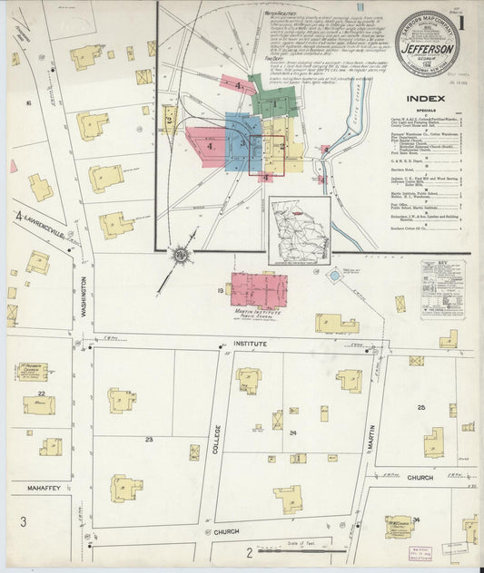 Sanborn Fire Insurance Map from Jefferson, Jackson County, Georgia (1916), Sheet #0001 - Historic Sanborn Fire Insurance Map Print, vintage old map wall art, antique decor, genealogy gift, Georgia Georgia map