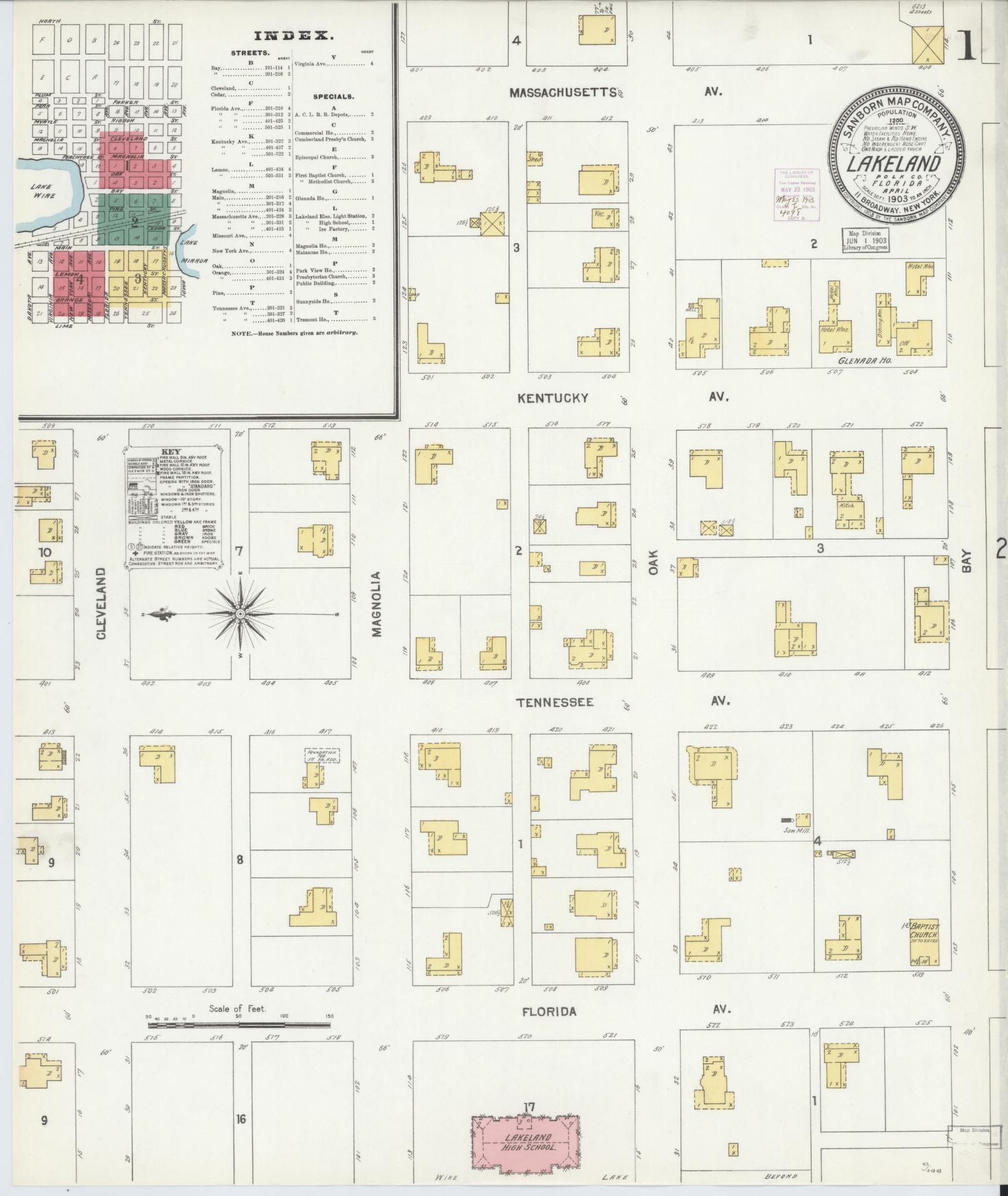 Sanborn Fire Insurance Map from Lakeland, Polk County, Florida (1903), Sheet #0001 - Complete Map Set gallery image, historic Sanborn map, vintage wall art, Florida Florida
