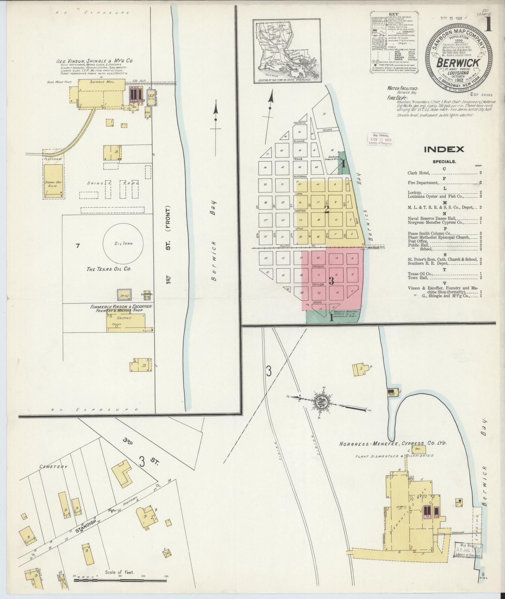 Sanborn Fire Insurance Map from Berwick, Saint Mary Parish, Louisiana. (1912) – Historic Sanborn Fire Insurance Map Print