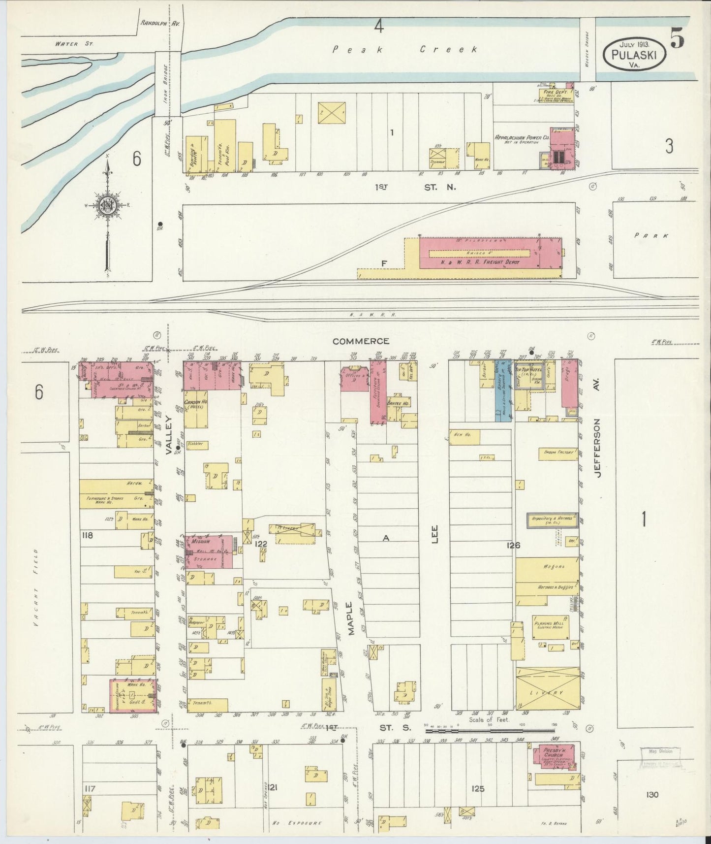 Sanborn Fire Insurance Map from Pulaski, Pulaski County, Virginia (1913), Sheet #0005 - Historic Sanborn Fire Insurance Map Print, vintage old map wall art, antique decor, genealogy gift, Virginia Virginia map