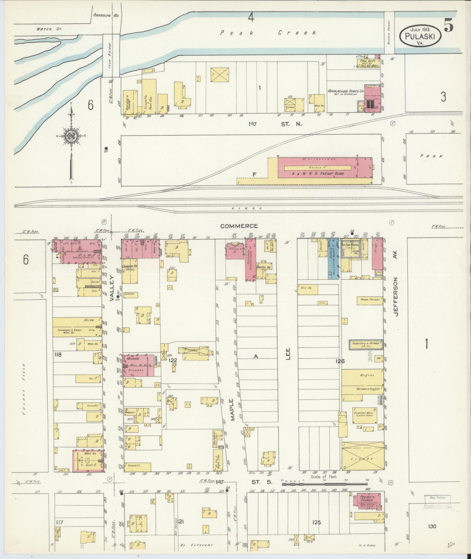Sanborn Fire Insurance Map from Pulaski, Pulaski County, Virginia (1913), Sheet #0005 - Historic Sanborn Fire Insurance Map Print, vintage old map wall art, antique decor, genealogy gift, Virginia Virginia map