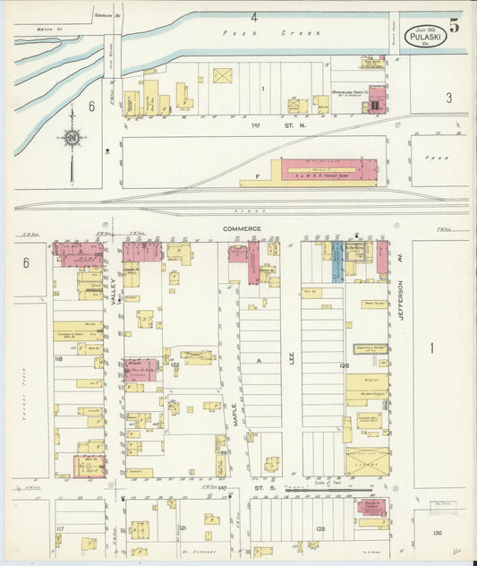 Sanborn Fire Insurance Map from Pulaski, Pulaski County, Virginia (1913), Sheet #0005 - Historic Sanborn Fire Insurance Map Print, vintage old map wall art, antique decor, genealogy gift, Virginia Virginia map