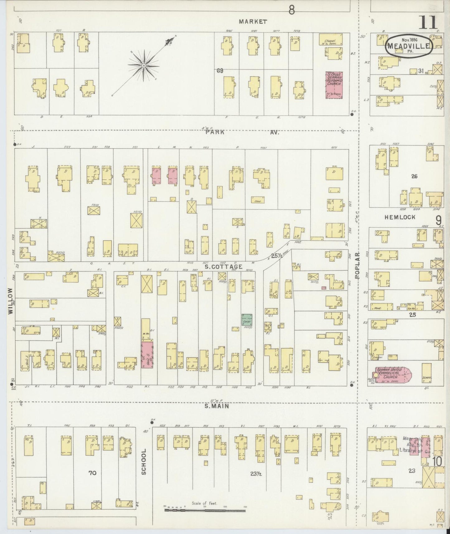 Sanborn Fire Insurance Map from Meadville, Crawford County, Pennsylvania (1896), Sheet #0011 - Historic Sanborn Fire Insurance Map Print, vintage old map wall art, antique decor, genealogy gift, Pennsylvania Pennsylvania map