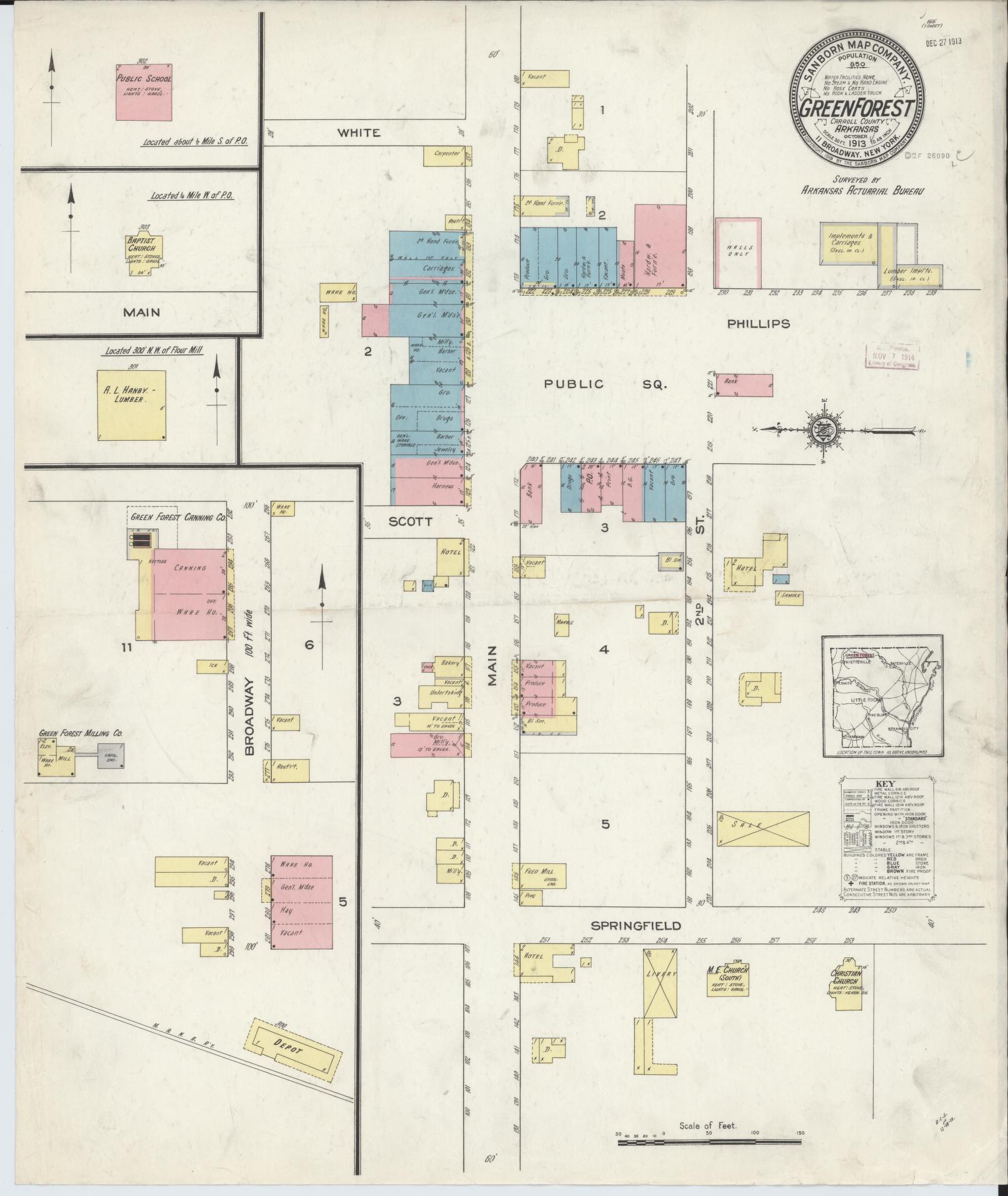 Sanborn Fire Insurance Map from Green Forest, Carroll County, Arkansas (1913), Sheet #0001 - Historic Sanborn Fire Insurance Map Print, vintage old map wall art, antique decor, genealogy gift, Arkansas Arkansas map