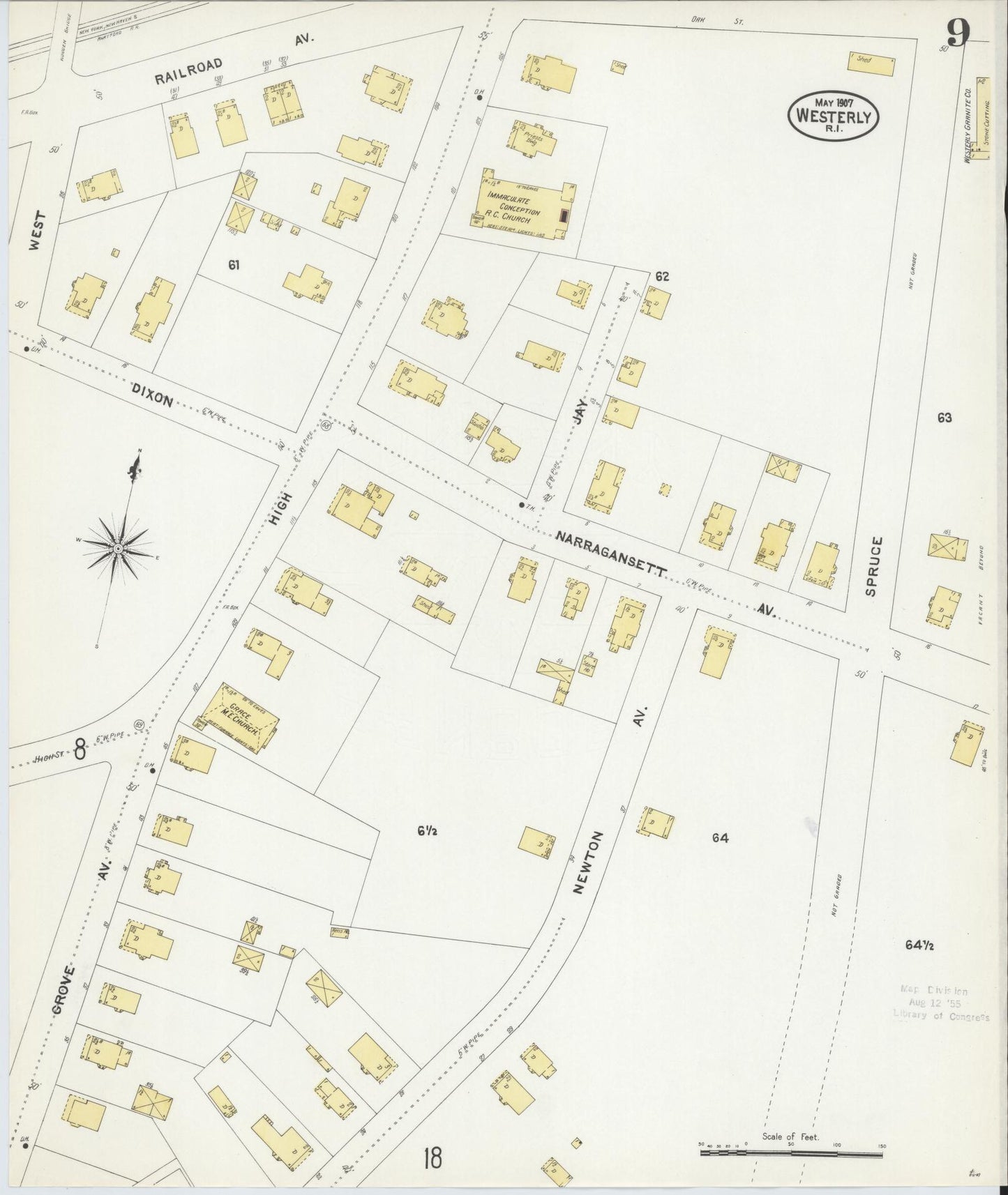 Sanborn Fire Insurance Map from Westerly, Washington County, Rhode Island (1907), Sheet #0009 - Complete Map Set gallery image, historic Sanborn map, vintage wall art, Rhode Island Rhode Island