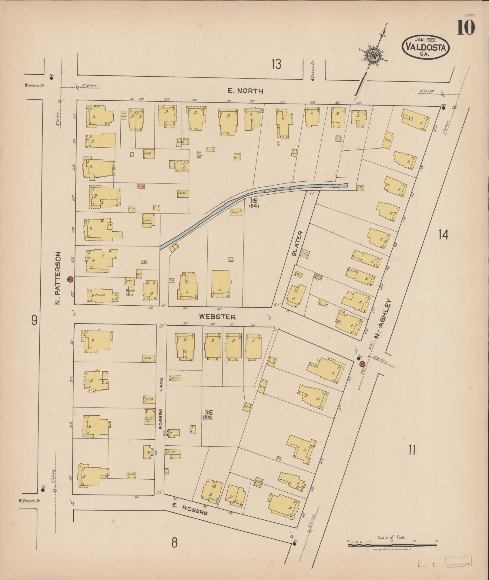 Sanborn Fire Insurance Map from Valdosta, Lowndes County, Georgia (1922), Sheet #0010 - Complete Map Set gallery image, historic Sanborn map, vintage wall art, Georgia Georgia