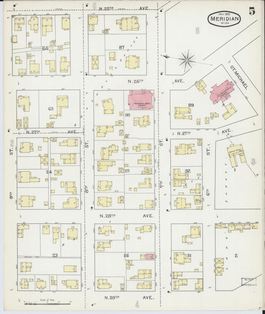 Sanborn Fire Insurance Map from Meridian, Lauderdale County, Mississippi (1893), Sheet #0005 - Historic Sanborn Fire Insurance Map Print, vintage old map wall art, antique decor, genealogy gift, Mississippi Mississippi map