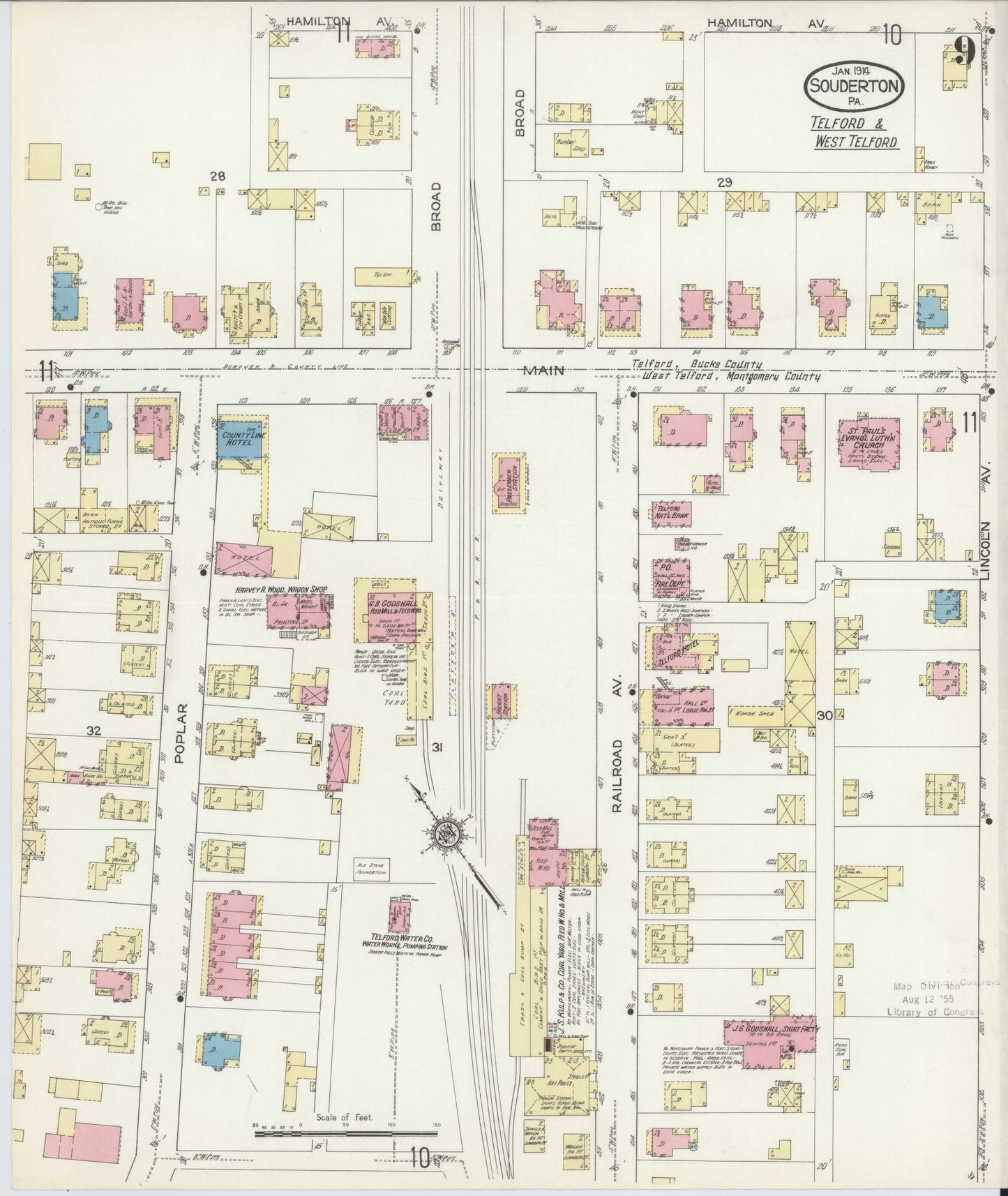Sanborn Fire Insurance Map from Souderton, Montgomery County, Pennsylvania (1914), Sheet #0009 - Complete Map Set gallery image, historic Sanborn map, vintage wall art, Pennsylvania Pennsylvania