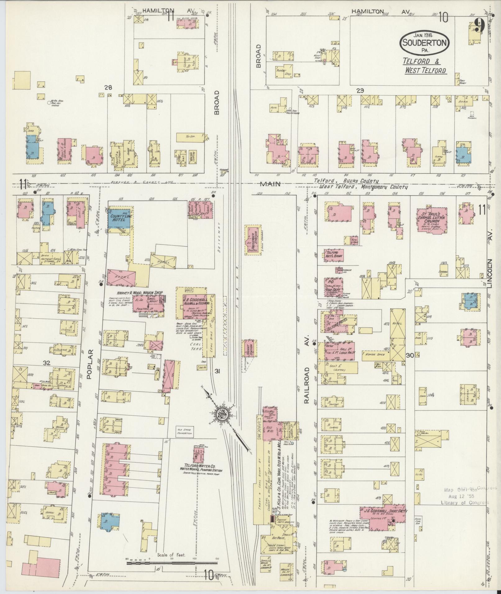 Sanborn Fire Insurance Map from Souderton, Montgomery County, Pennsylvania (1914), Sheet #0009 - Complete Map Set gallery image, historic Sanborn map, vintage wall art, Pennsylvania Pennsylvania