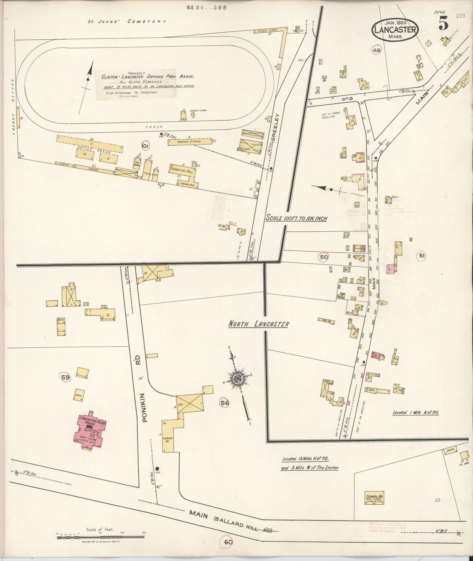 Sanborn Fire Insurance Map from Lancaster, Worcester County, Massachusetts (1945), Sheet #0005 - Historic Sanborn Fire Insurance Map Print, vintage old map wall art, antique decor, genealogy gift, Massachusetts Massachusetts map